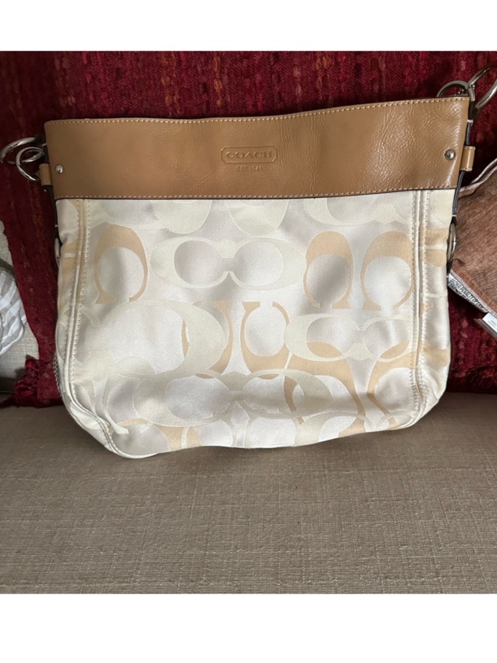 Coach Tan and Cream Shoulder Bag with Signature Monogram